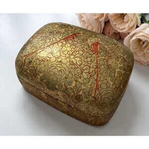 VINTAGE HANDMADE Bird Trinket Box Papier Mache Lacquered Floral INDIA 3360-37
